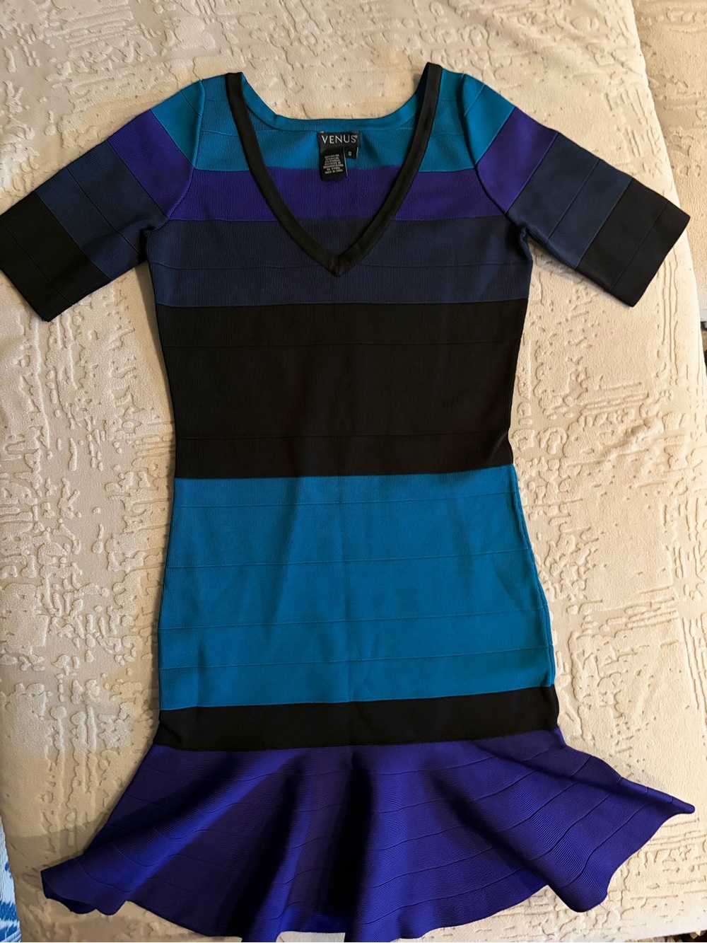 VENUS Teal, Blue, Purple and Black Striped V-Neck Midi Dress